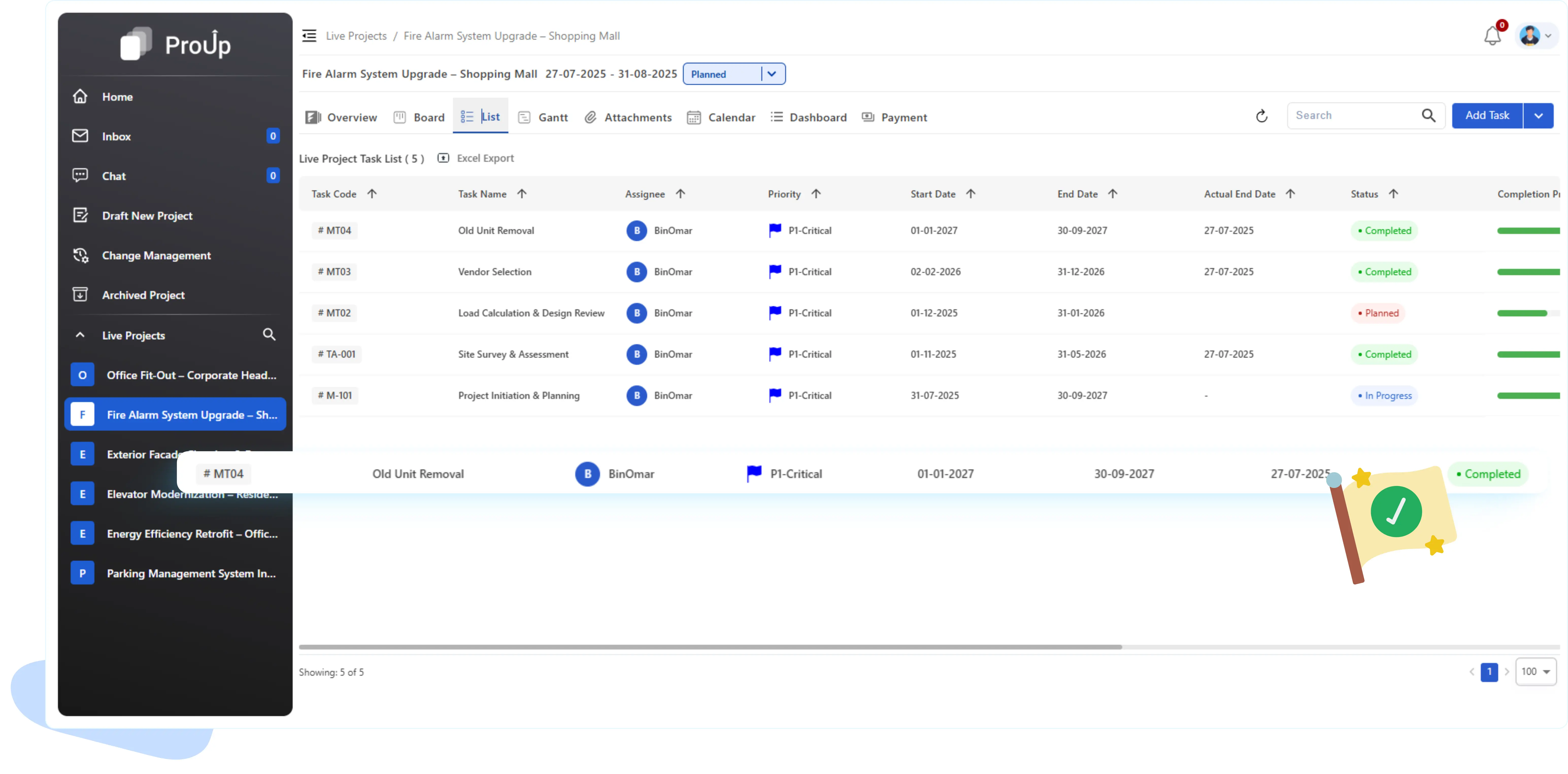 Hierarchical task list view with inline editing options