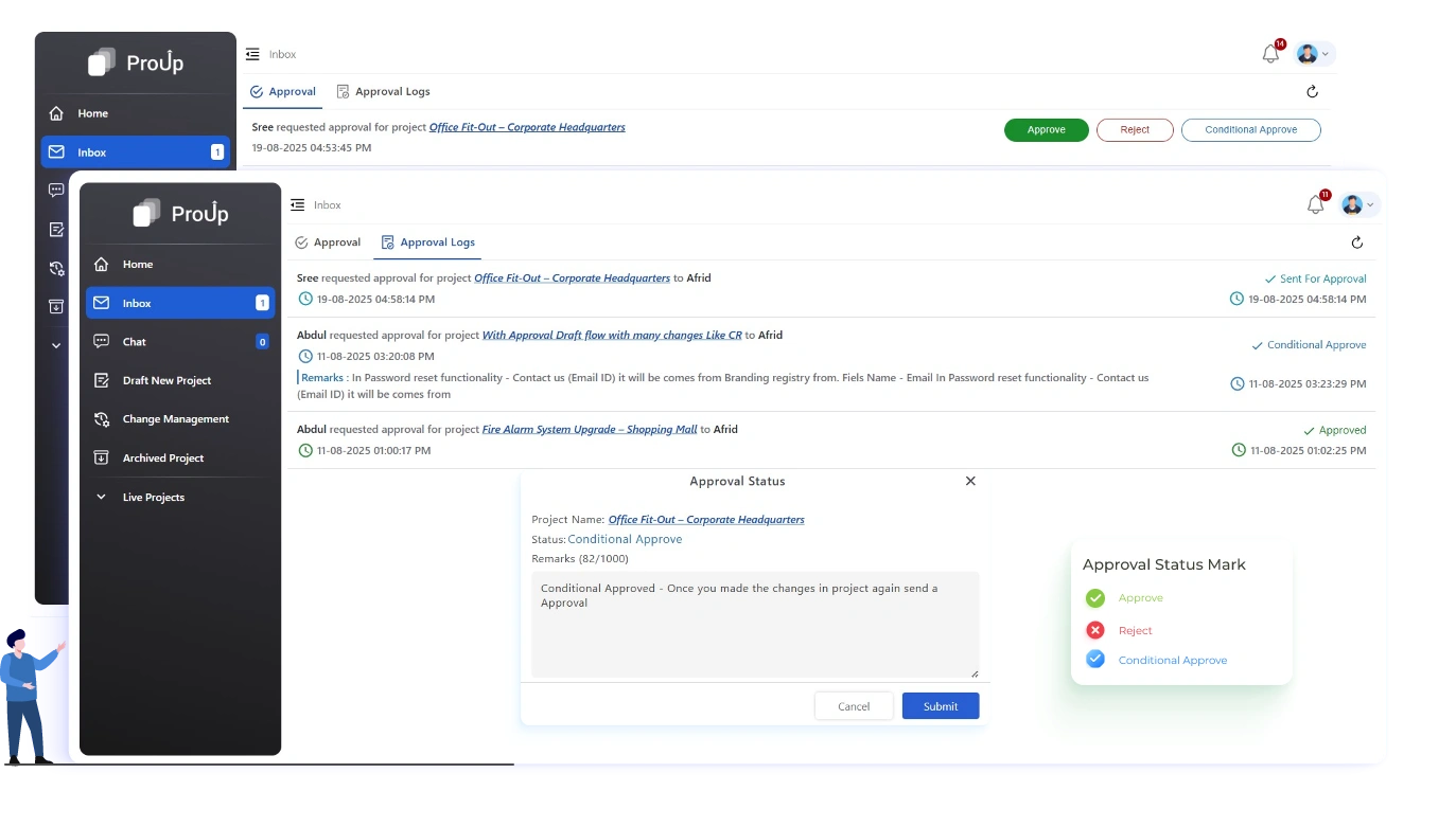 Project approval workflow with audit trail and notifications
