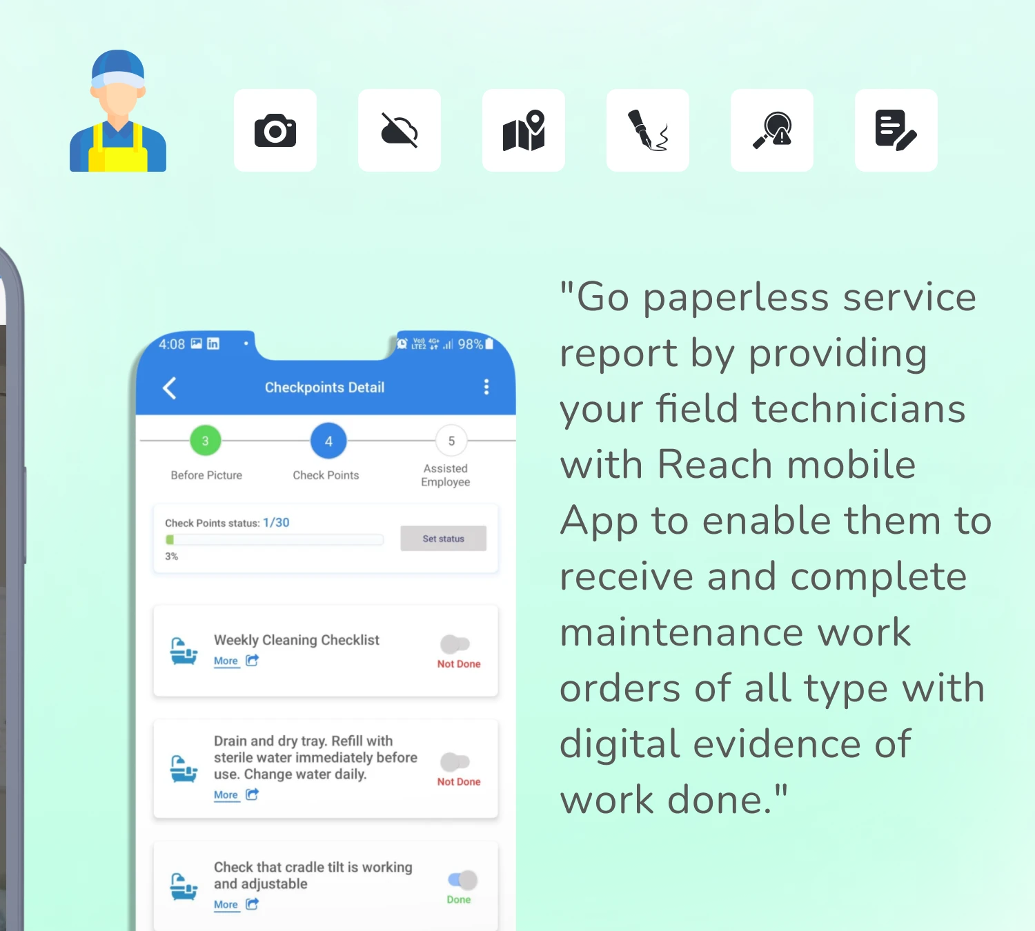 SmartFM Reach field service app interface for managing maintenance tasks and job updates