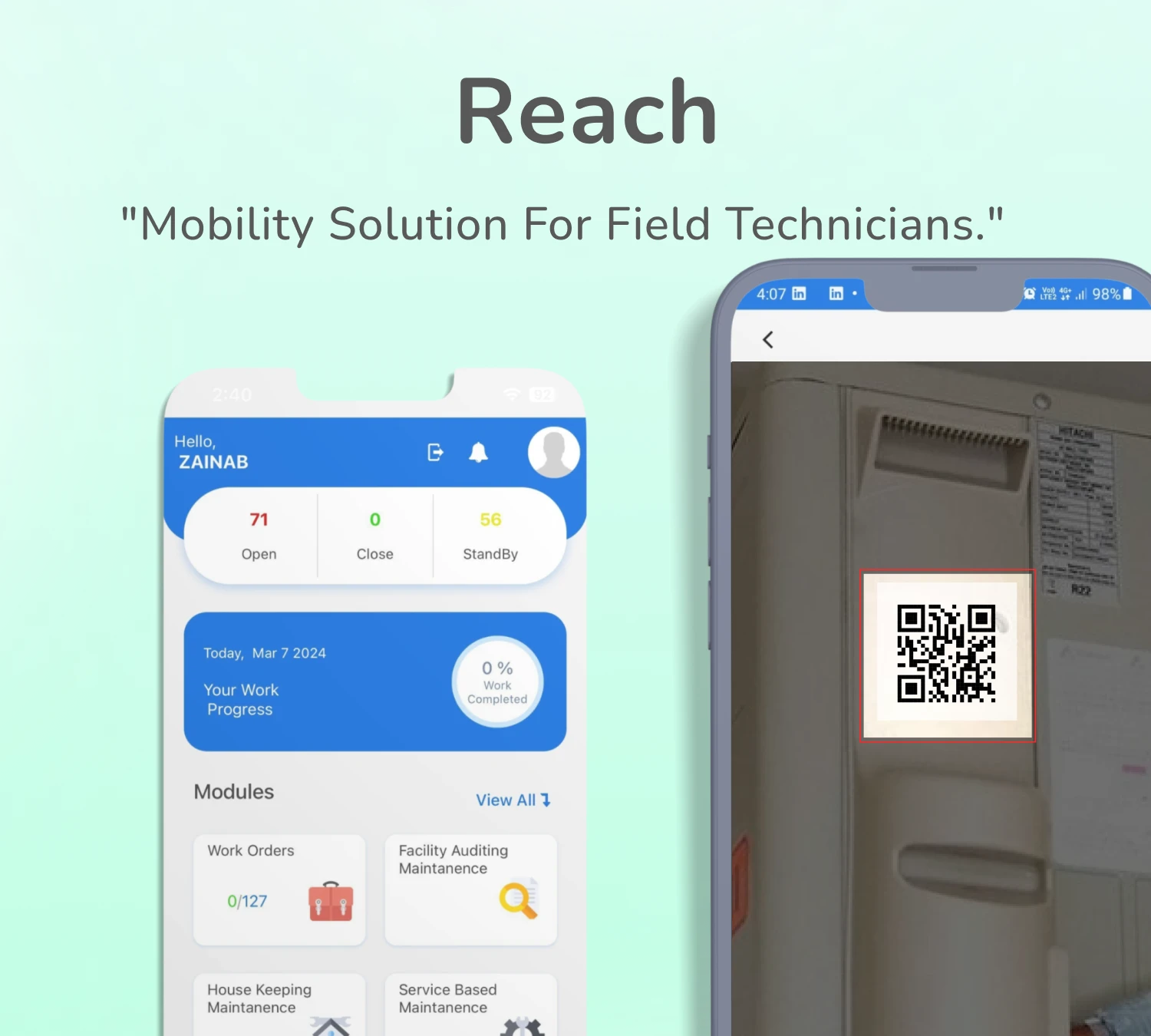 SmartFM Reach mobile technician app dashboard showing work orders and maintenance tasks
