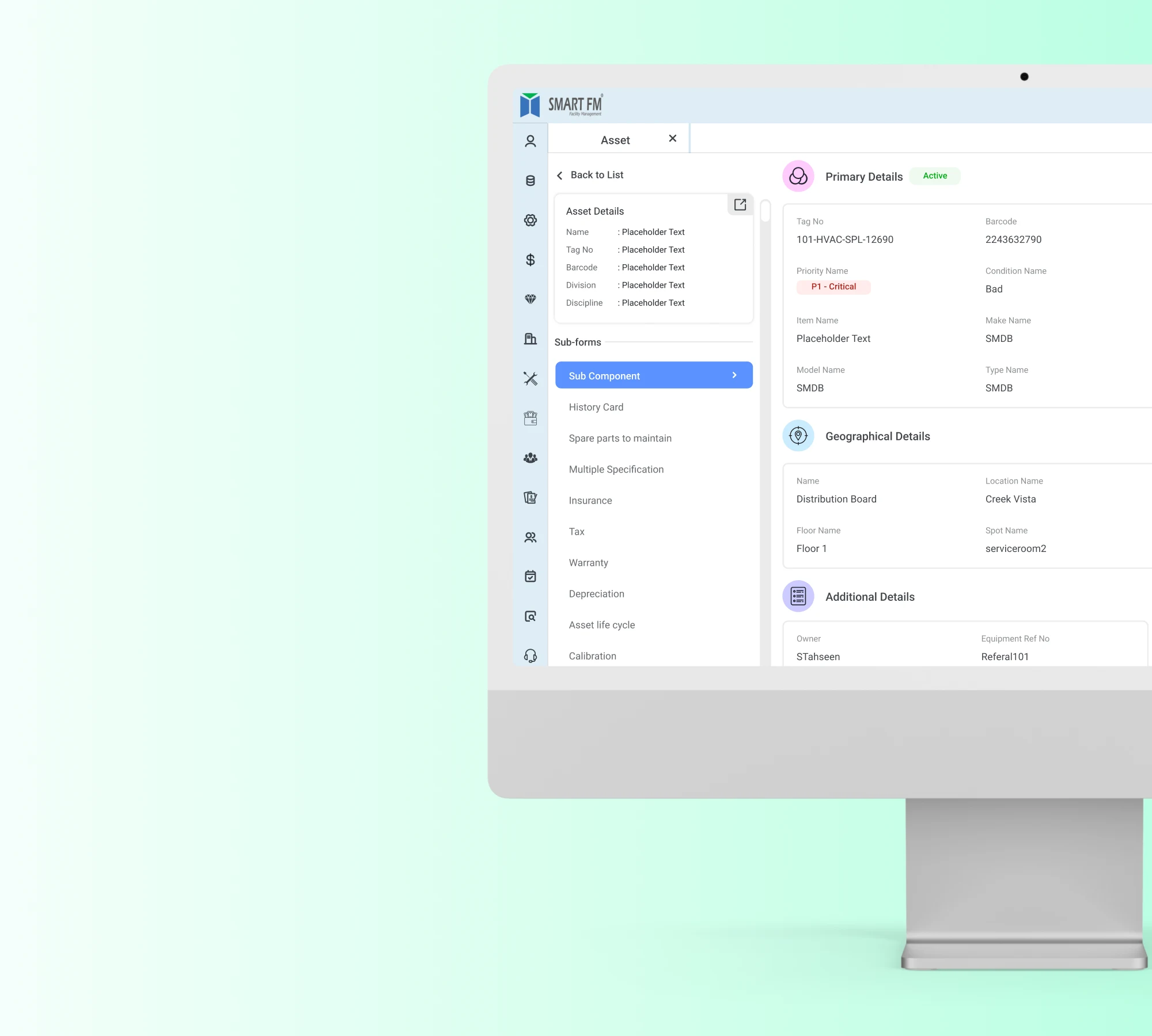 SmartFM Lite asset management interface showing asset tracking and lifecycle management