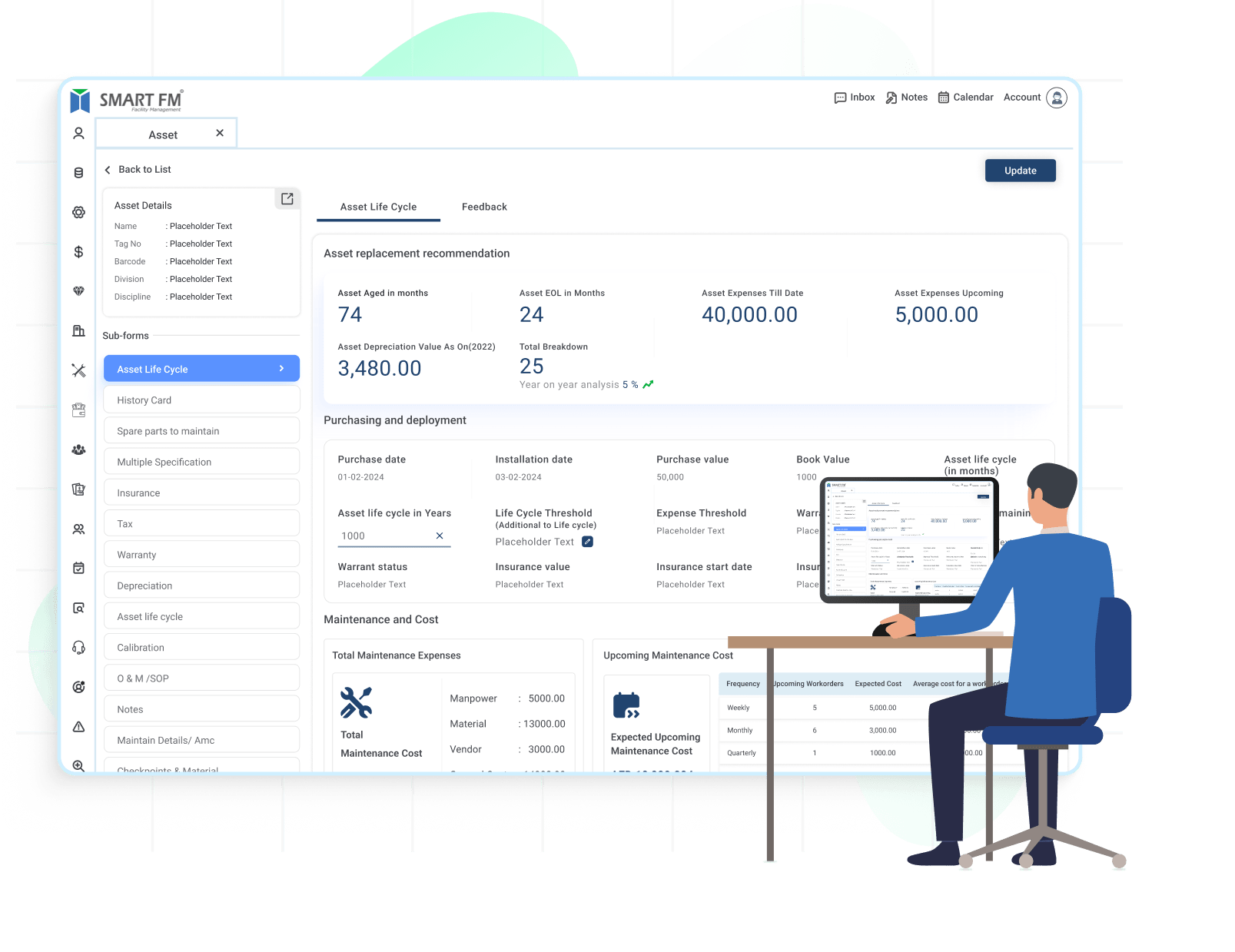 Asset lifecycle management dashboard showing asset hierarchy, location tracking and equipment details