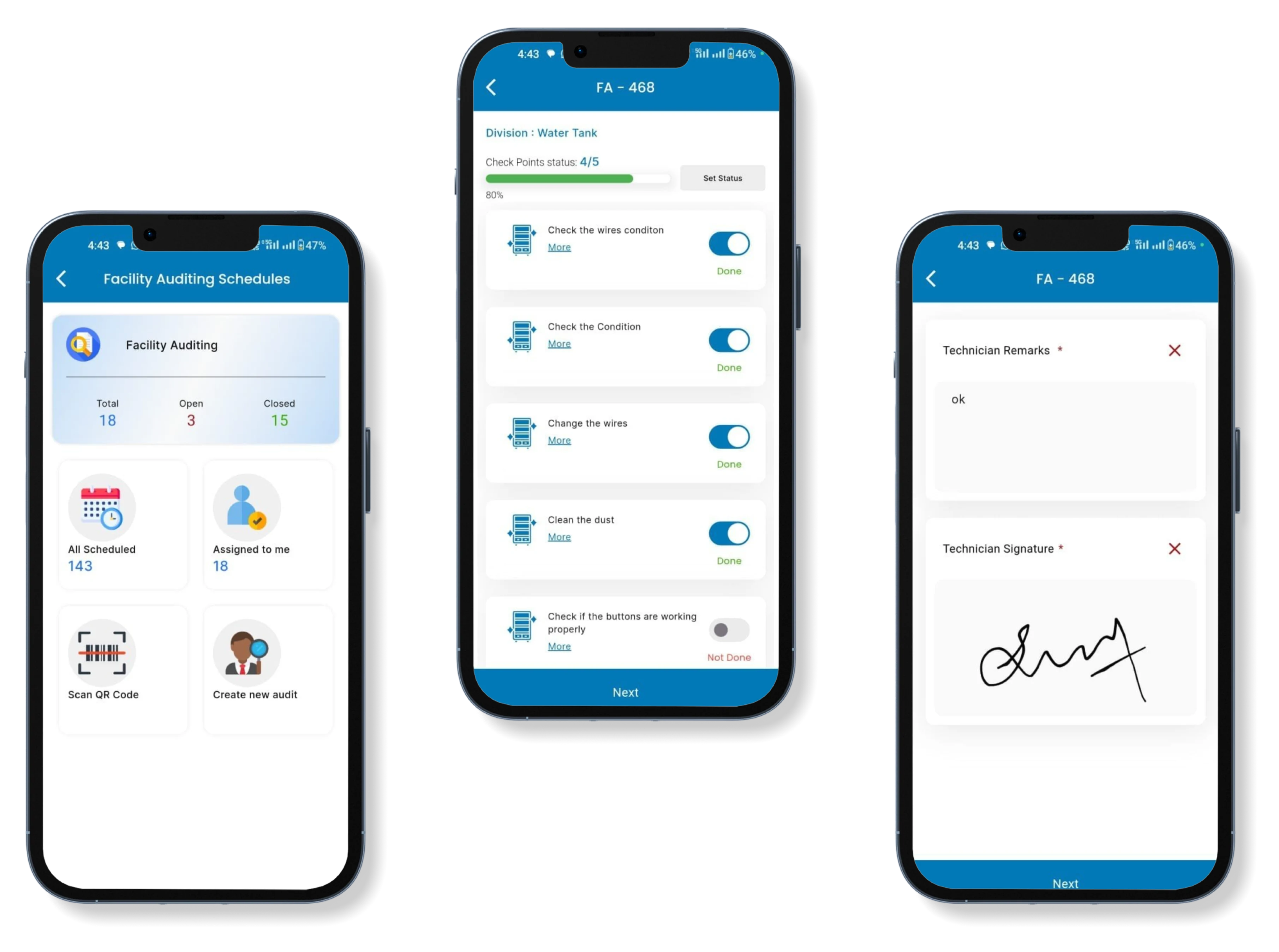 Facility audit management mobile app dashboard for inspection, compliance tracking and audit reporting