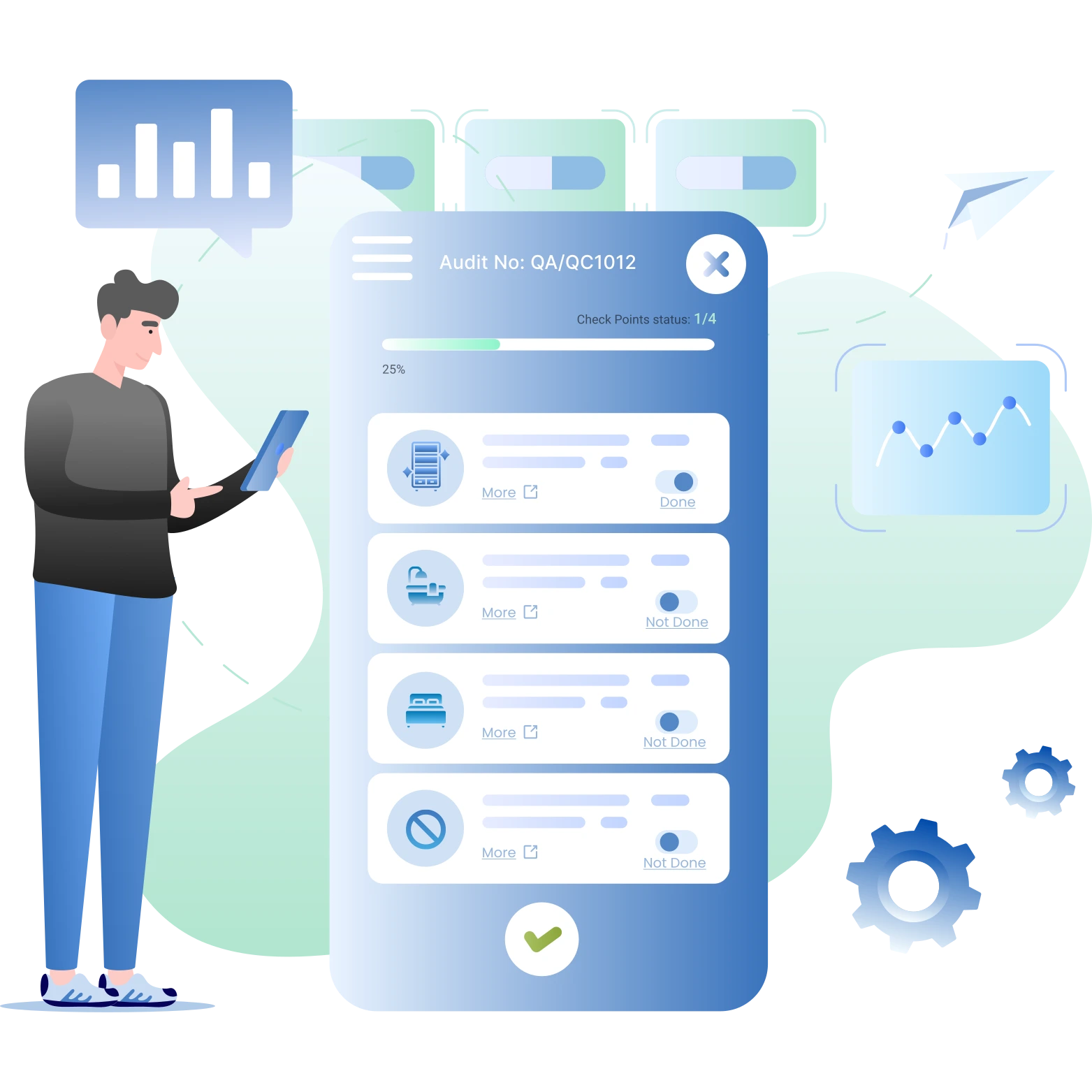 Facility audit management dashboard showing inspection checklists, compliance tracking and audit reports