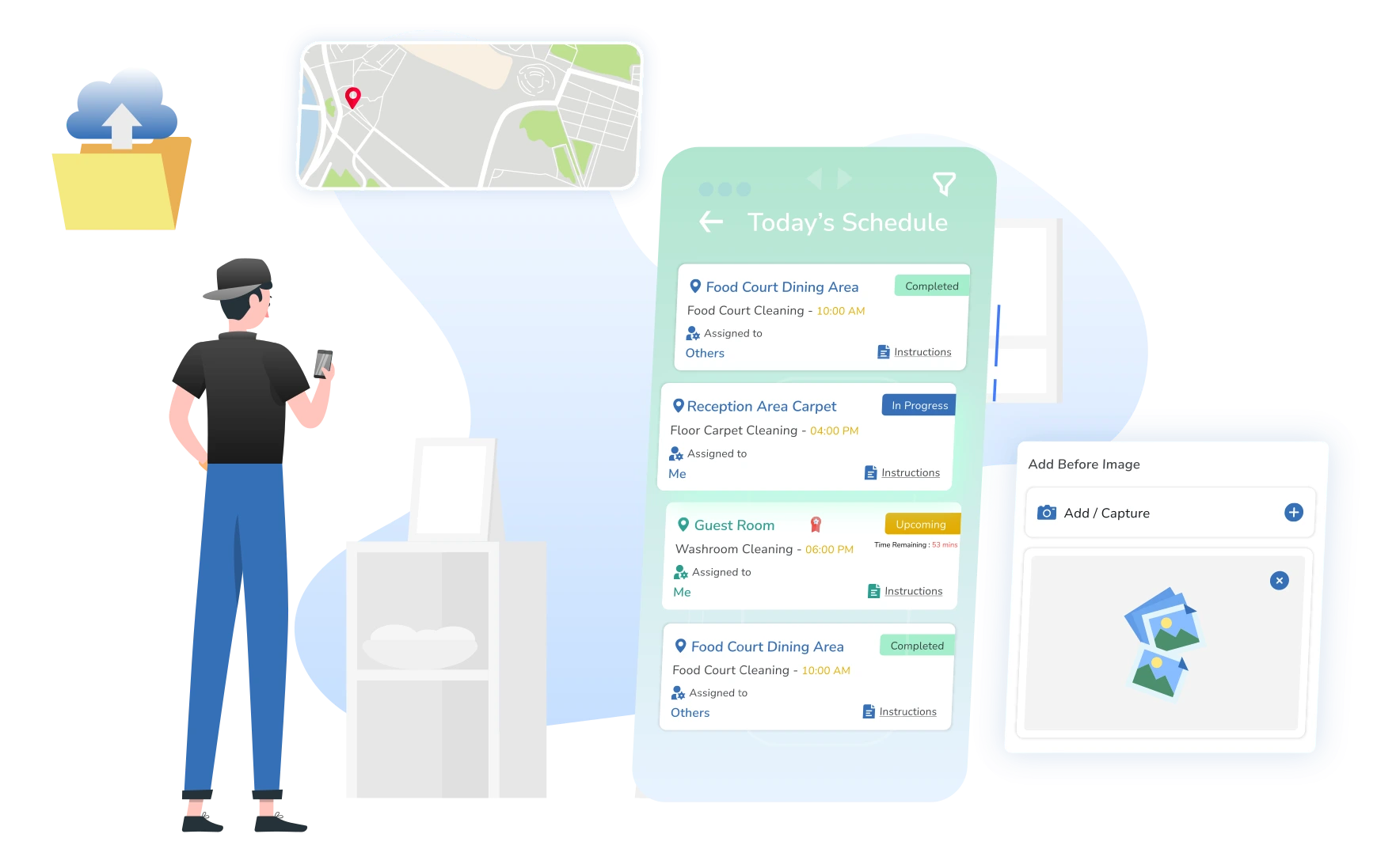 Housekeeping management mobile app dashboard for cleaning schedules, task tracking and workforce management