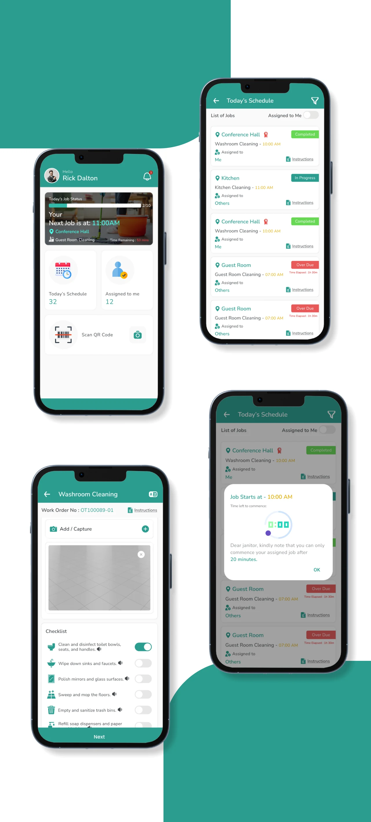 Housekeeping mobile workflow showing cleaning task execution, QR scanning and schedule tracking